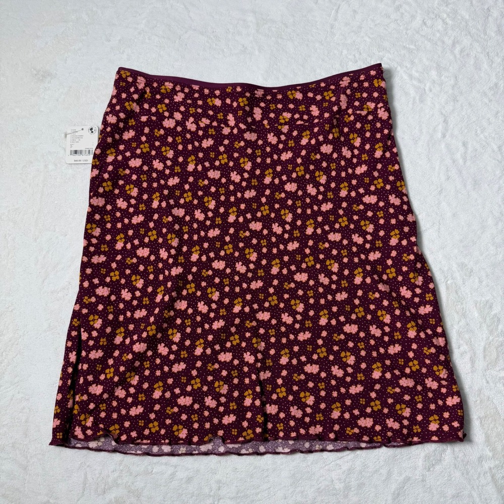 Free People IRL Mini Skirt Size 2 Maroon Pink Floral Print Ruffle Hem NWT‎